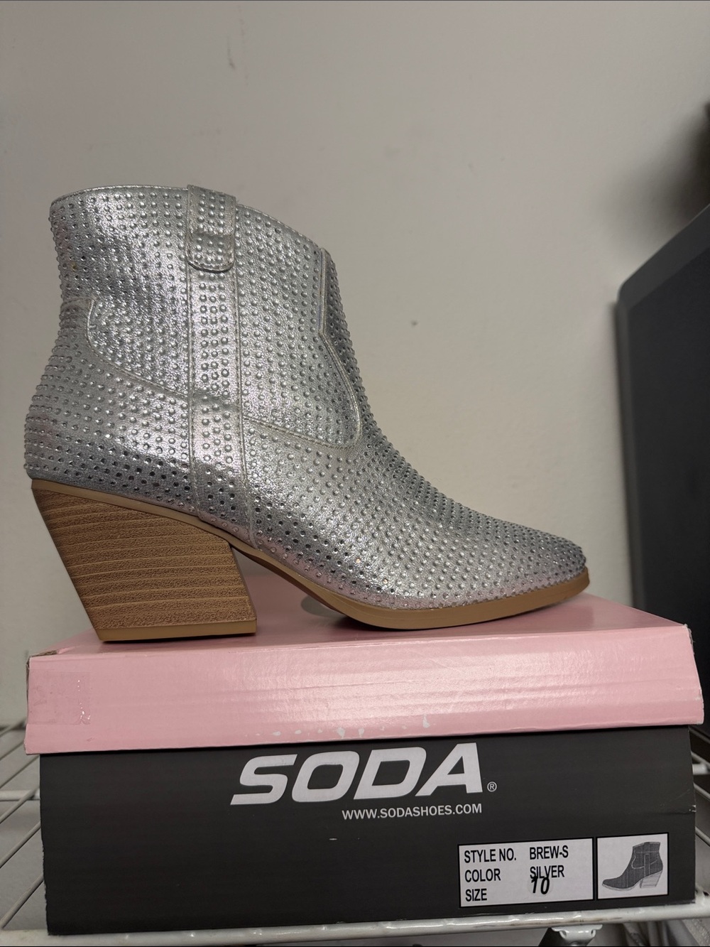 Soda Silver Studded Pointed Western Ankle Bootie